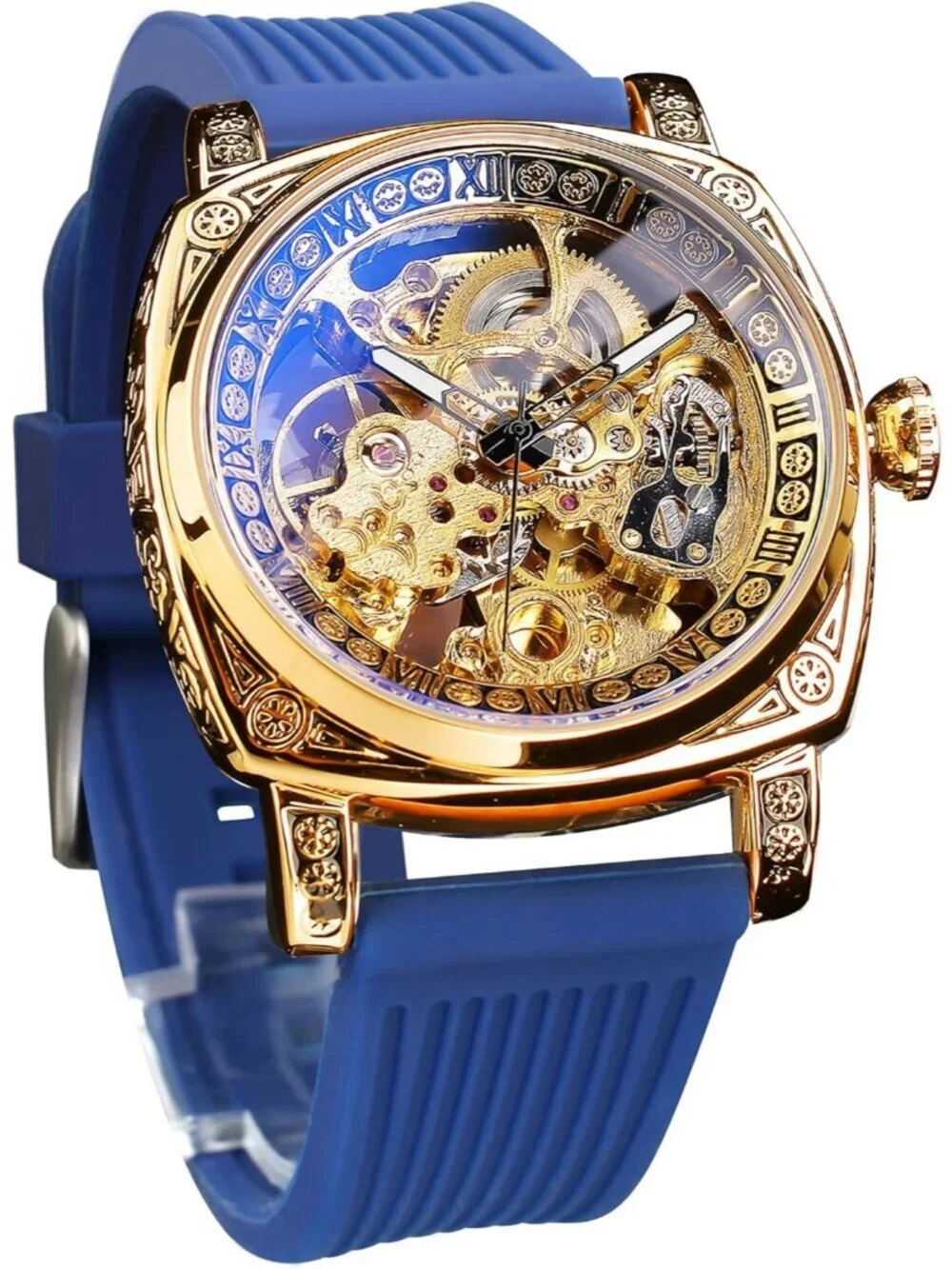 Men's Blue Gold Square Mechanical Rubber Strap Self-Wind Carved Automatic Watch